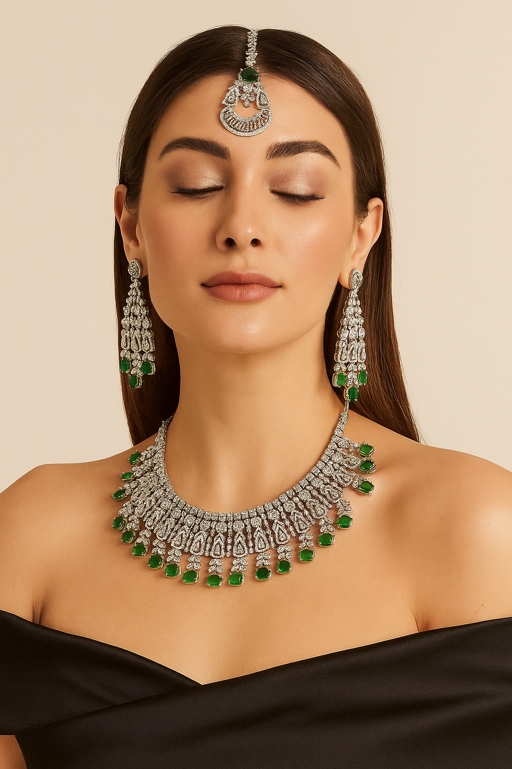 Royal Emerald Green Diamond Bridal Necklace Set with Earrings & Maang Tikka